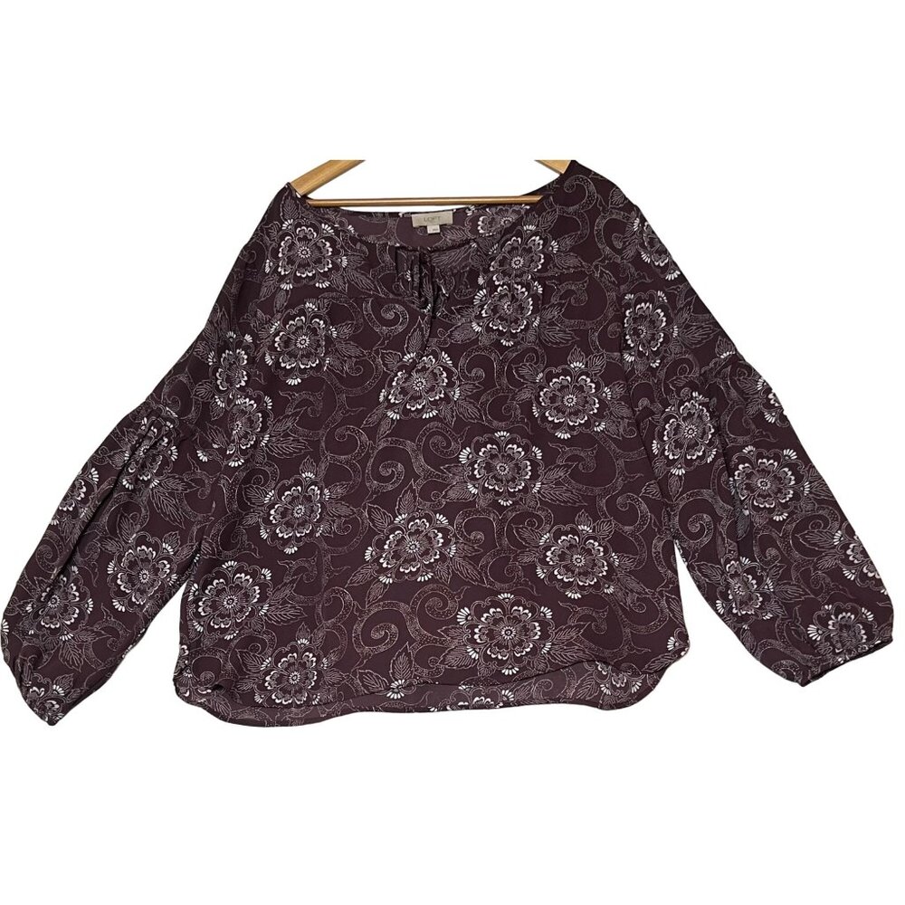 Floral Patterned Long Bell Sleeve Blouse By Loft Outlet In Size L Tie Round Neck